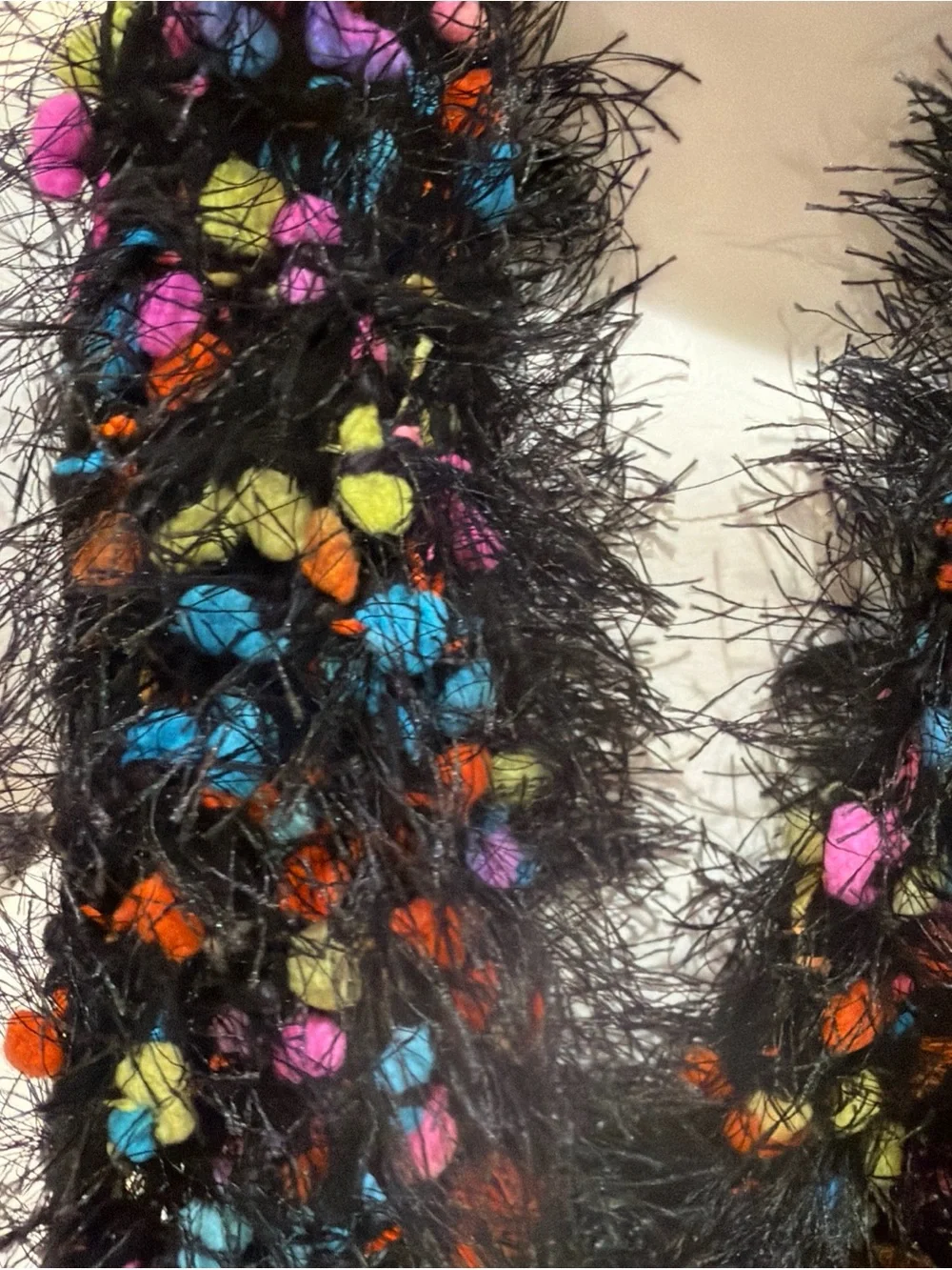 Fuzzy Black Eyelash Scarf with Multicolor Pom Accents - Women's Accessory Y2K